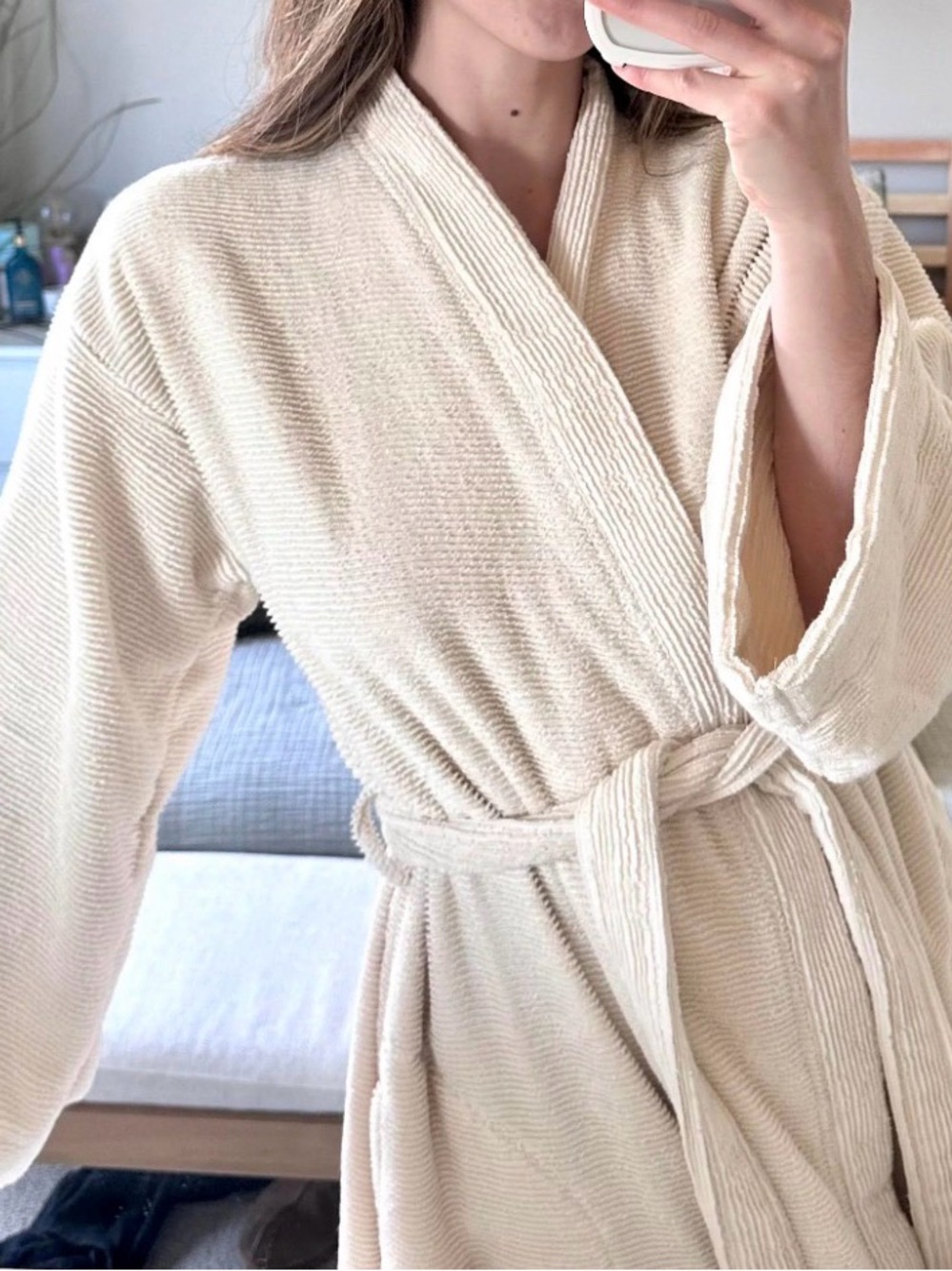 Brooklinen XS/S Cream Ribbed Robe with Belt - Short